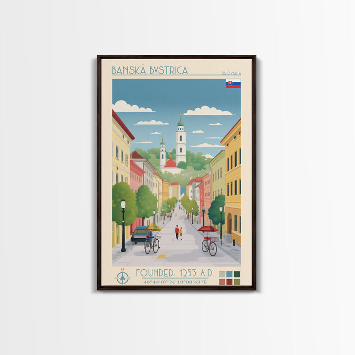 Banská Bystrica City in Slovakia Slovakia Travel Poster Framed Canvas Print, Midcentury Modern Art, Pop Art Wall Decor, Home Decor, Vacation Gift, Living Room Art