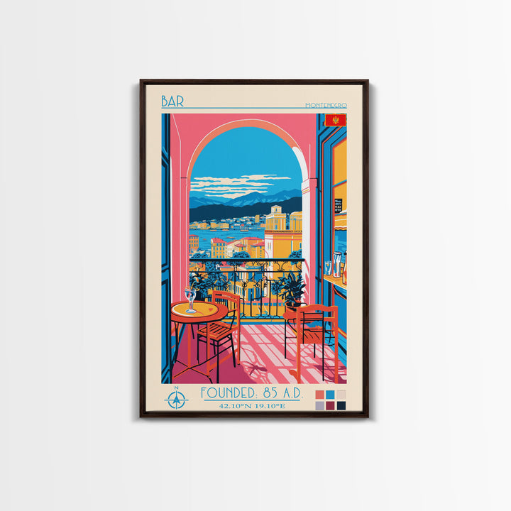 Bar Montenegro Travel Poster Framed Canvas Print, Midcentury Modern Art, Pop Art Wall Decor, Home Decor, Vacation Gift, Living Room Art