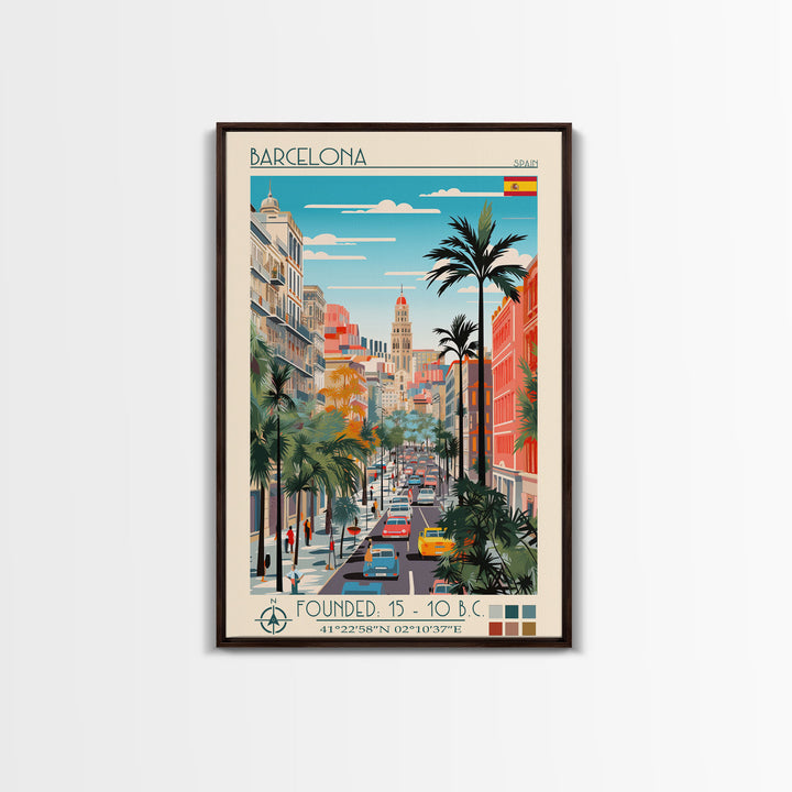 Barcelona Spain Travel Poster Framed Canvas Print, Midcentury Modern Art, Pop Art Wall Decor, Home Decor, Vacation Gift, Living Room Art