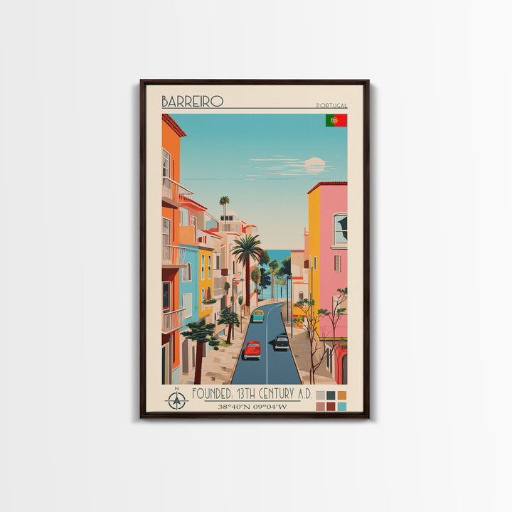 Barreiro Portugal Travel Poster Framed Canvas Print, Midcentury Modern Art, Pop Art Wall Decor, Home Decor, Vacation Gift, Living Room Art