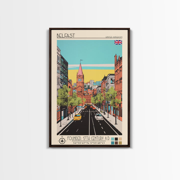 Belfast United Kingdom Travel Poster Framed Canvas Print, Midcentury Modern Art, Pop Art Wall Decor, Home Decor, Vacation Gift, Living Room Art