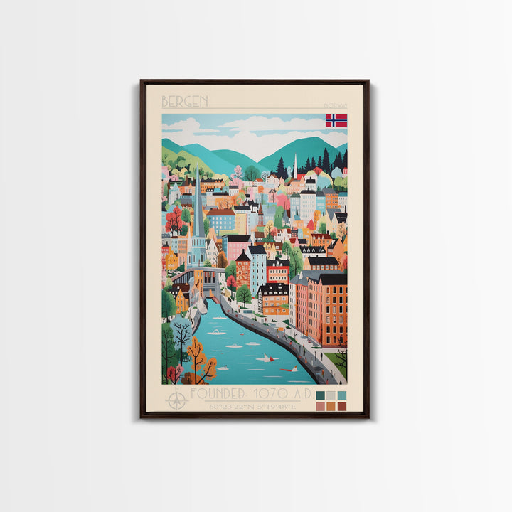 Bergen Norway Travel Poster Framed Canvas Print, Midcentury Modern Art, Pop Art Wall Decor, Home Decor, Vacation Gift, Living Room Art