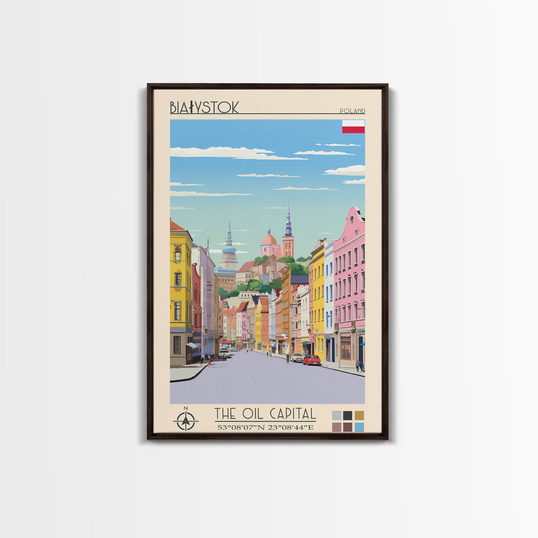 Białystok Poland Travel Poster Framed Canvas Print, Midcentury Modern Art, Pop Art Wall Decor, Home Decor, Vacation Gift, Living Room Art