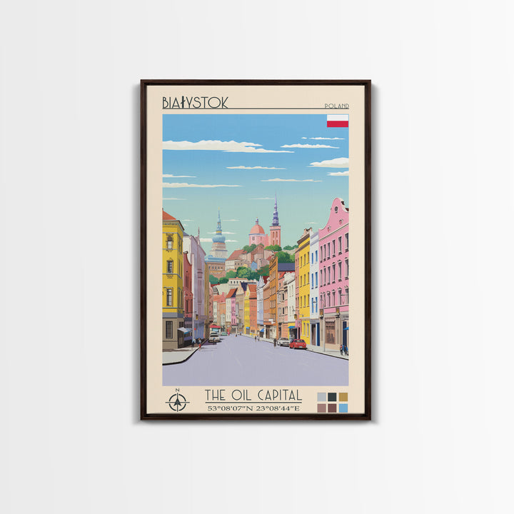 Białystok Poland Travel Poster Framed Canvas Print, Midcentury Modern Art, Pop Art Wall Decor, Home Decor, Vacation Gift, Living Room Art