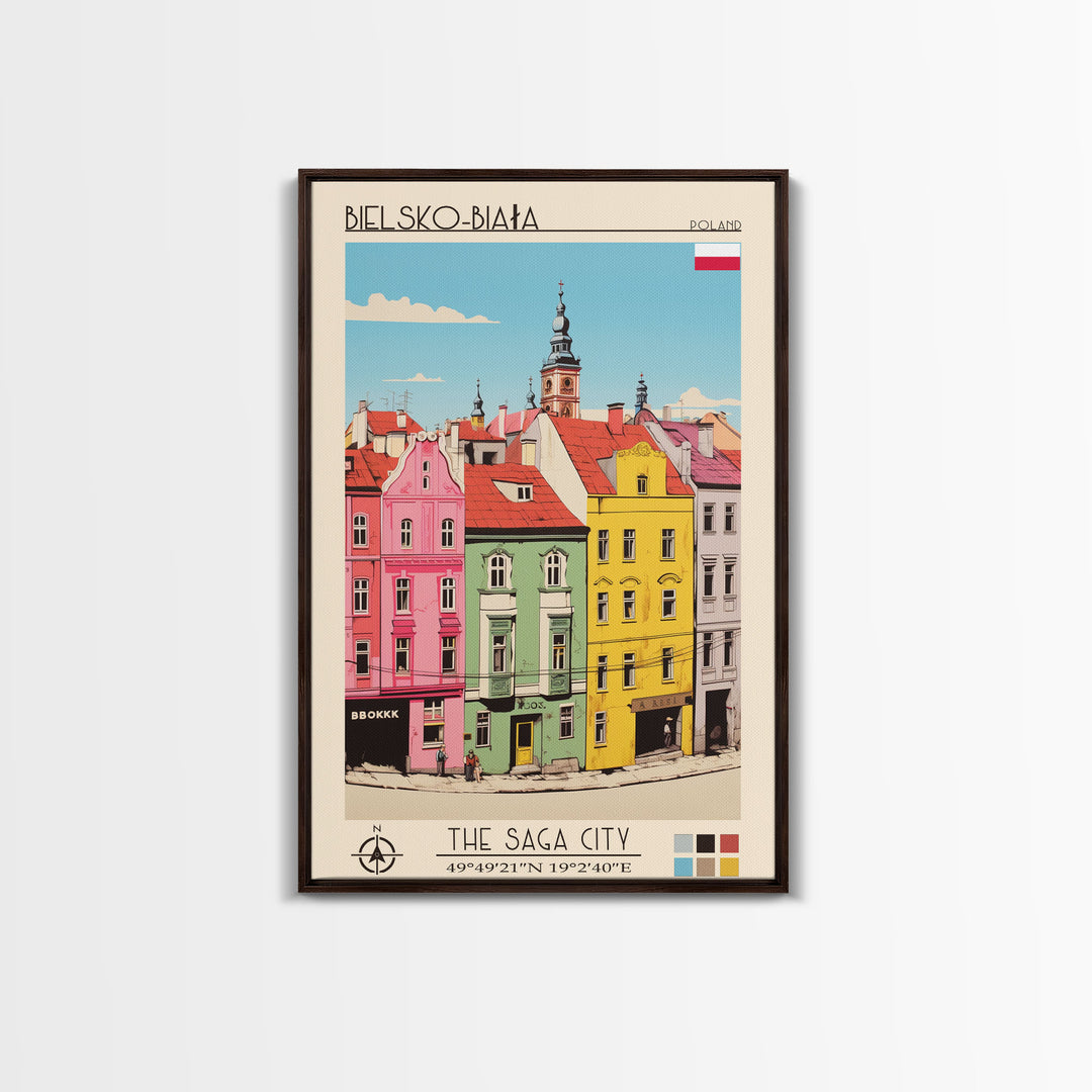 Bielsko-Biała Poland Travel Poster Framed Canvas Print, Vintage Style, Pop Art Home Decor, Scenic Wall Art, Living Room Decoration