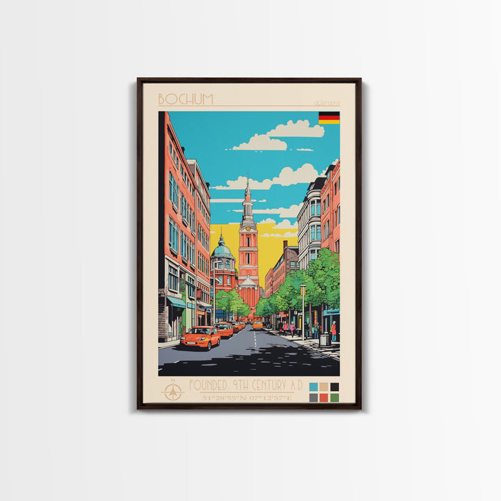 Bochum Germany Travel Poster Framed Canvas Print, Midcentury Modern Art, Pop Art Wall Decor, Home Decor, Living Room Art, Scenic View