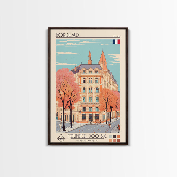 Bordeaux France Travel Poster Framed Canvas Print, Midcentury Modern Art, Pop Art Home Decor, Scenic Wall Art, Living Room Decoration