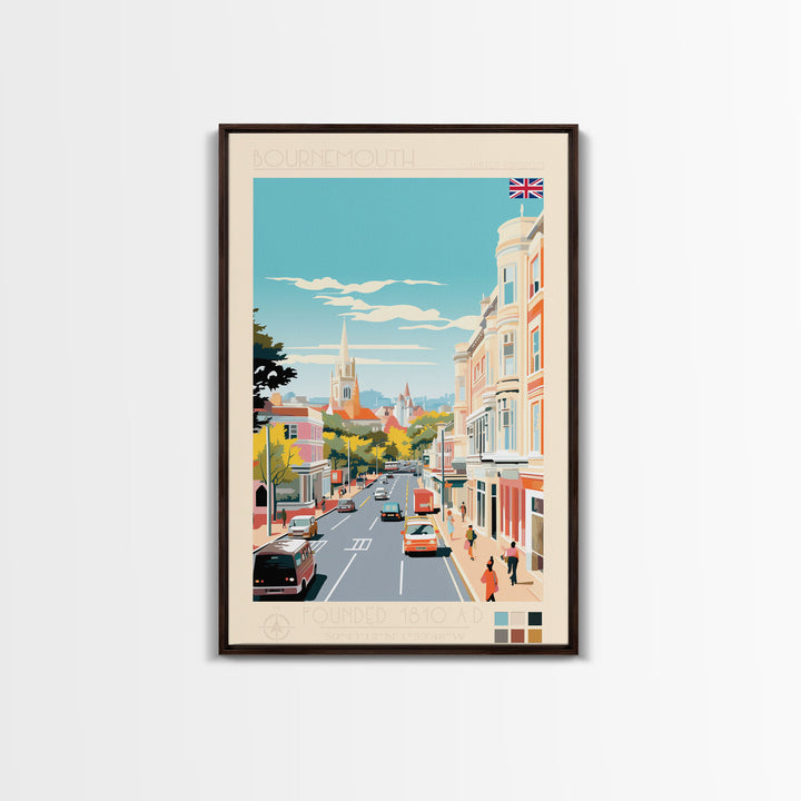 Bournemouth United Kingdom Travel Poster Framed Canvas Print, Midcentury Modern Art, Pop Art Wall Decor, Scenic Wall Art, Living Room Art