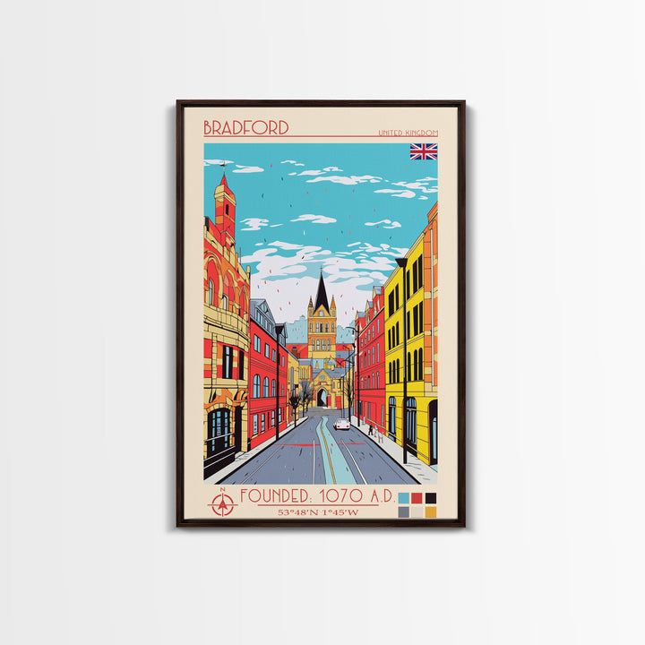 Bradford United Kingdom Travel Poster Framed Canvas Print, Midcentury Modern Art, Pop Art Wall Decor, Home Decor, Vacation Gift, Living Room Art