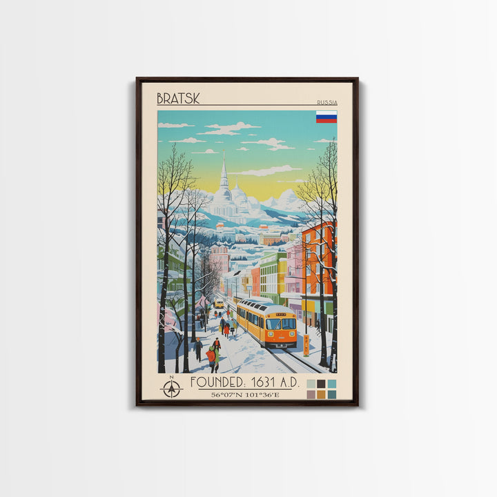 Bratsk Russia Travel Poster Framed Canvas Print, Midcentury Modern Art, Pop Art Wall Decor, Home Decor, Vacation Gift, Living Room Art