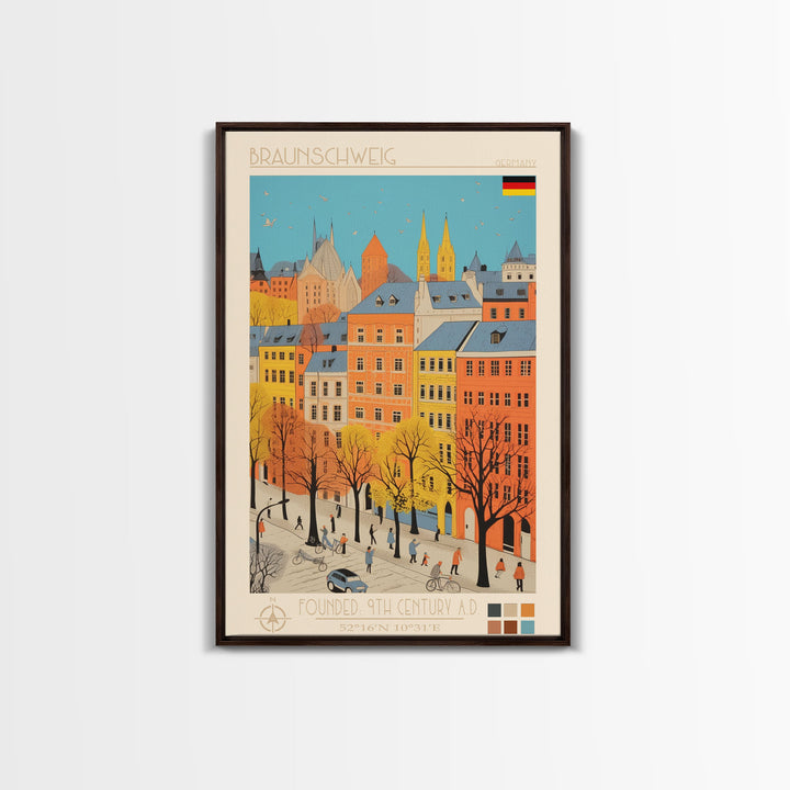 Braunschweig Germany Travel Poster Framed Canvas Print, Midcentury Modern Art, Pop Art Wall Decor, Scenic Wall Art, Home Decor, Living Room Art