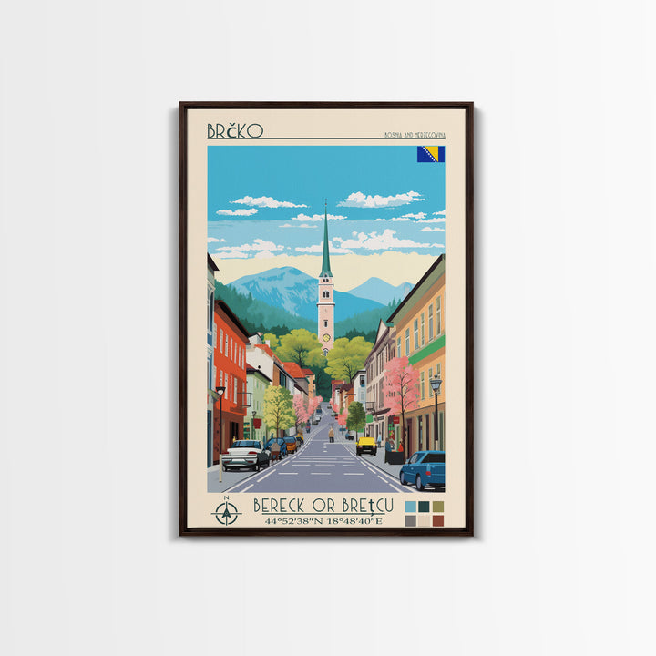 Brčko Bosnia and Herzegovina Travel Poster Framed Canvas Print, Midcentury Modern Art, Pop Art Wall Decor, Home Decor, Living Room Art