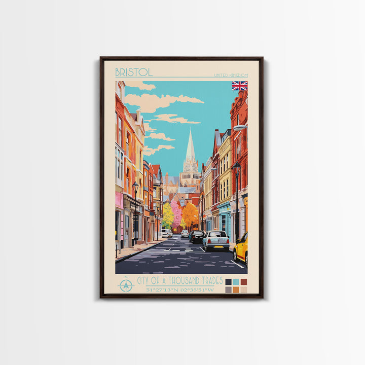 Bristol United Kingdom Travel Poster Framed Canvas Print, Midcentury Modern Art, Pop Art Wall Decor, Scenic Wall Art, Living Room Art