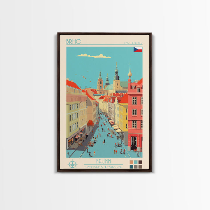 Brno Czech Republic Travel Poster Framed Canvas Print, Midcentury Modern Art, Pop Art Wall Decor, Home Decor, Vacation Gift, Living Room Art