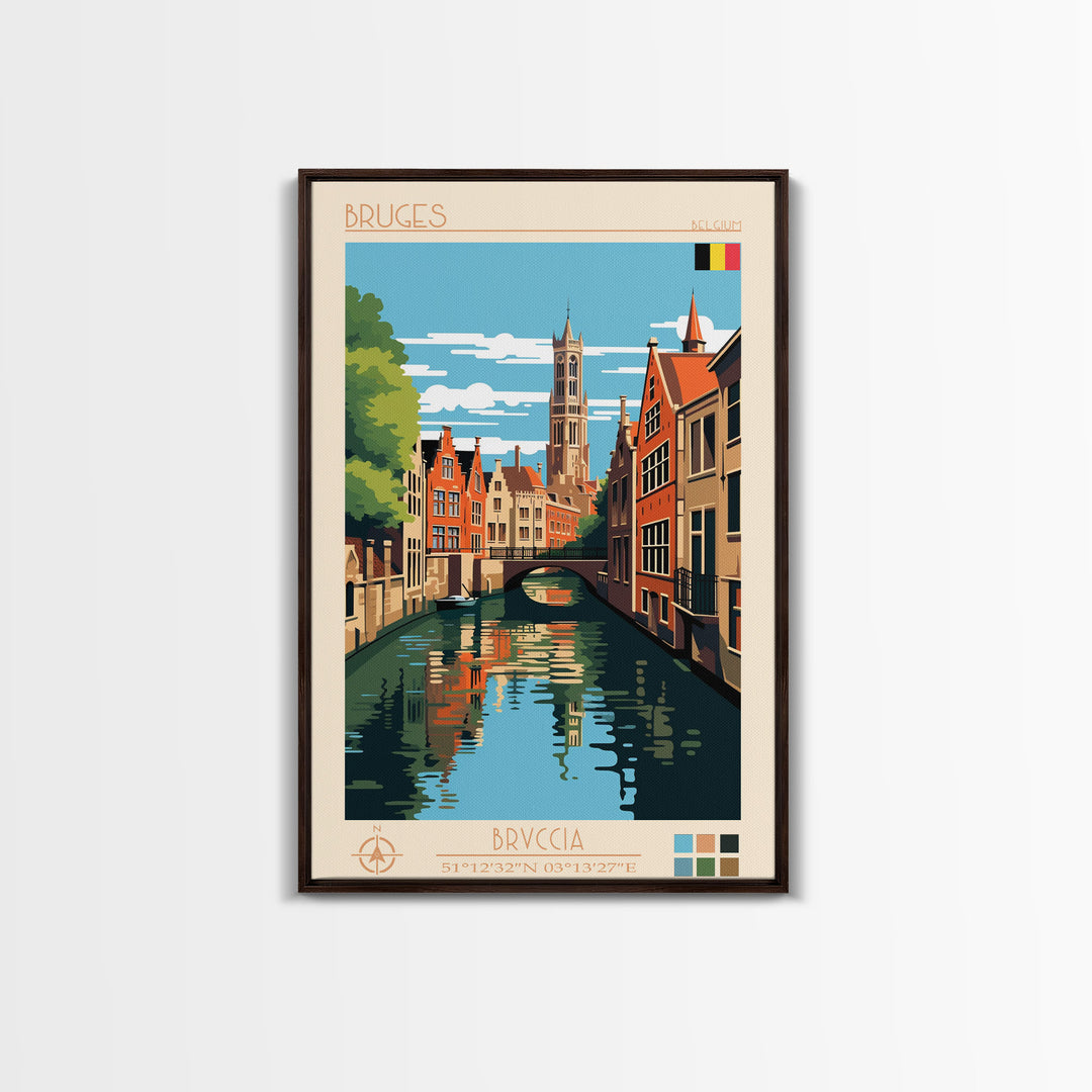 Bruges Belgium Travel Poster Framed Canvas Print, Vintage Style, Pop Art Home Decor, Scenic Wall Art, Living Room Decoration, Artistic Gift