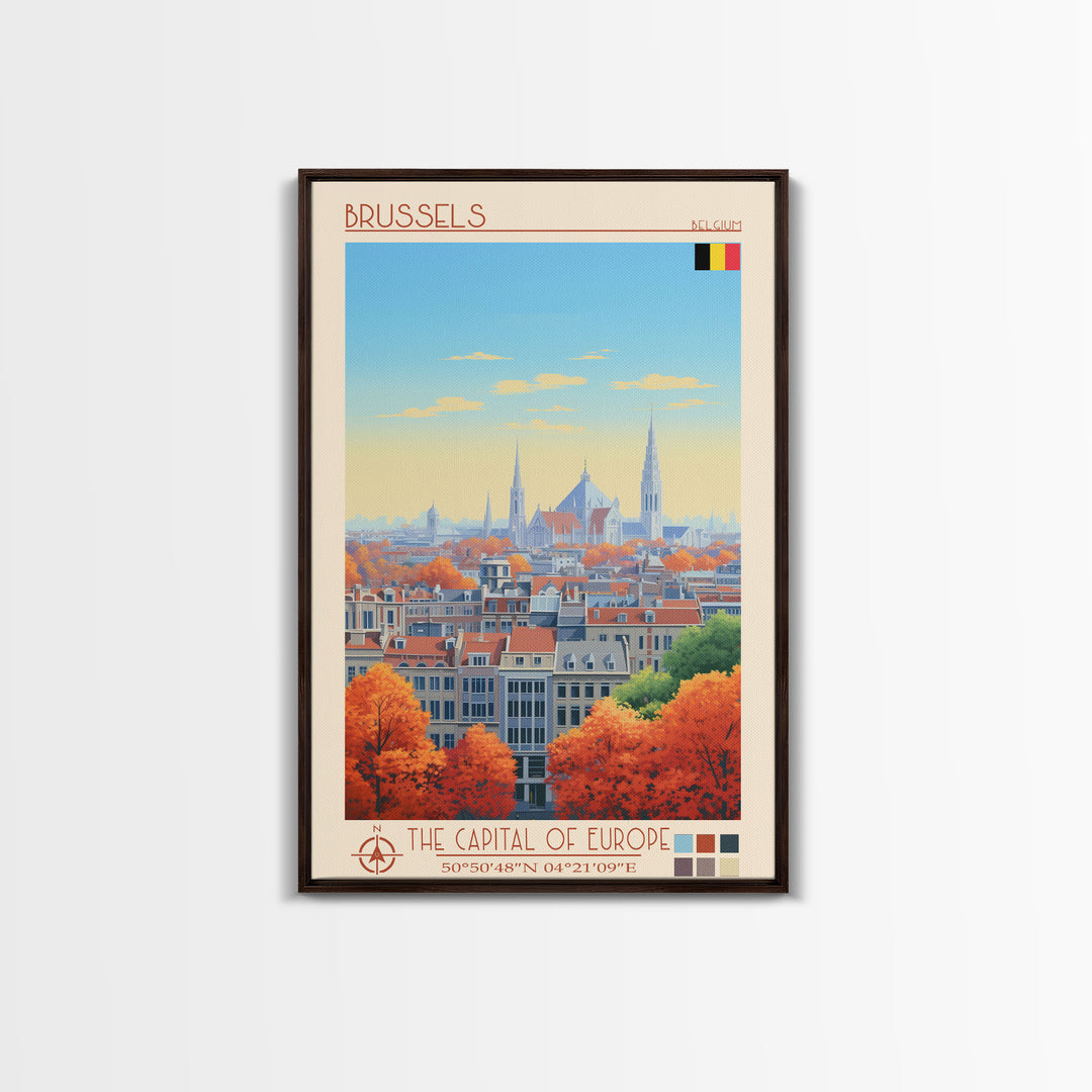 Brussels Belgium Travel Poster Framed Canvas Print, Midcentury Modern Art, Pop Art Wall Decor, Home Decor, Vacation Gift, Living Room Art