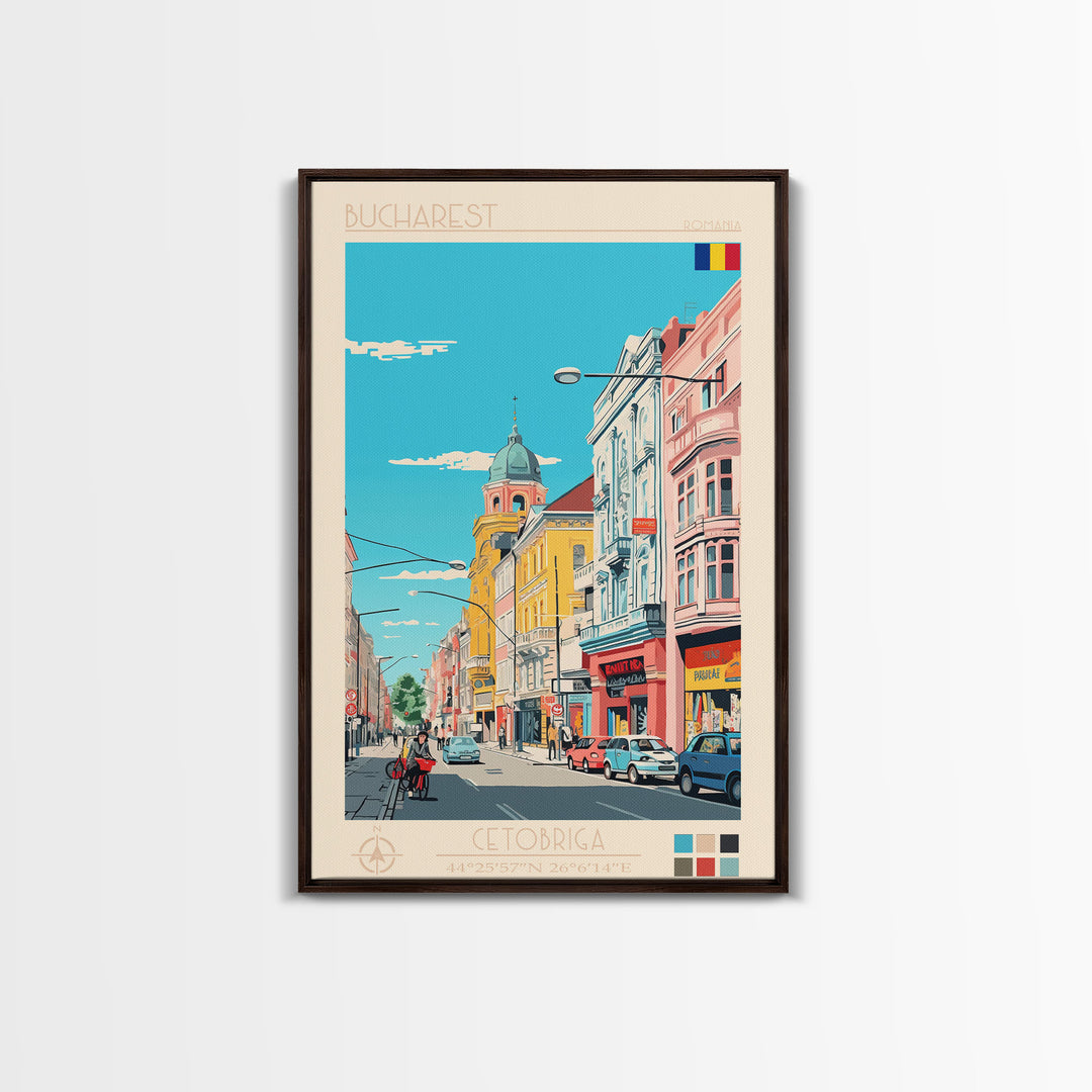 Bucharest Romania Travel Poster Framed Canvas Print, Midcentury Modern Art, Pop Art Wall Decor, Home Decor, Vacation Gift, Living Room Art