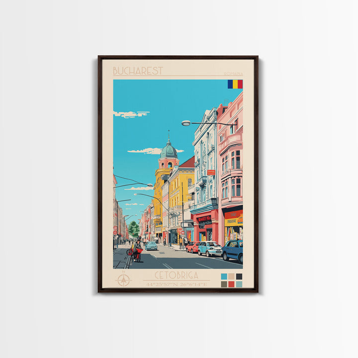 Bucharest Romania Travel Poster Framed Canvas Print, Midcentury Modern Art, Pop Art Wall Decor, Home Decor, Vacation Gift, Living Room Art