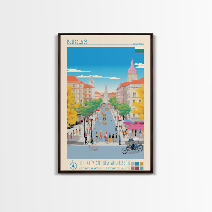 Burgas Bulgaria Travel Poster Framed Canvas Print, Midcentury Modern Art, Pop Art Wall Decor, Home Decor, Vacation Gift, Living Room Art