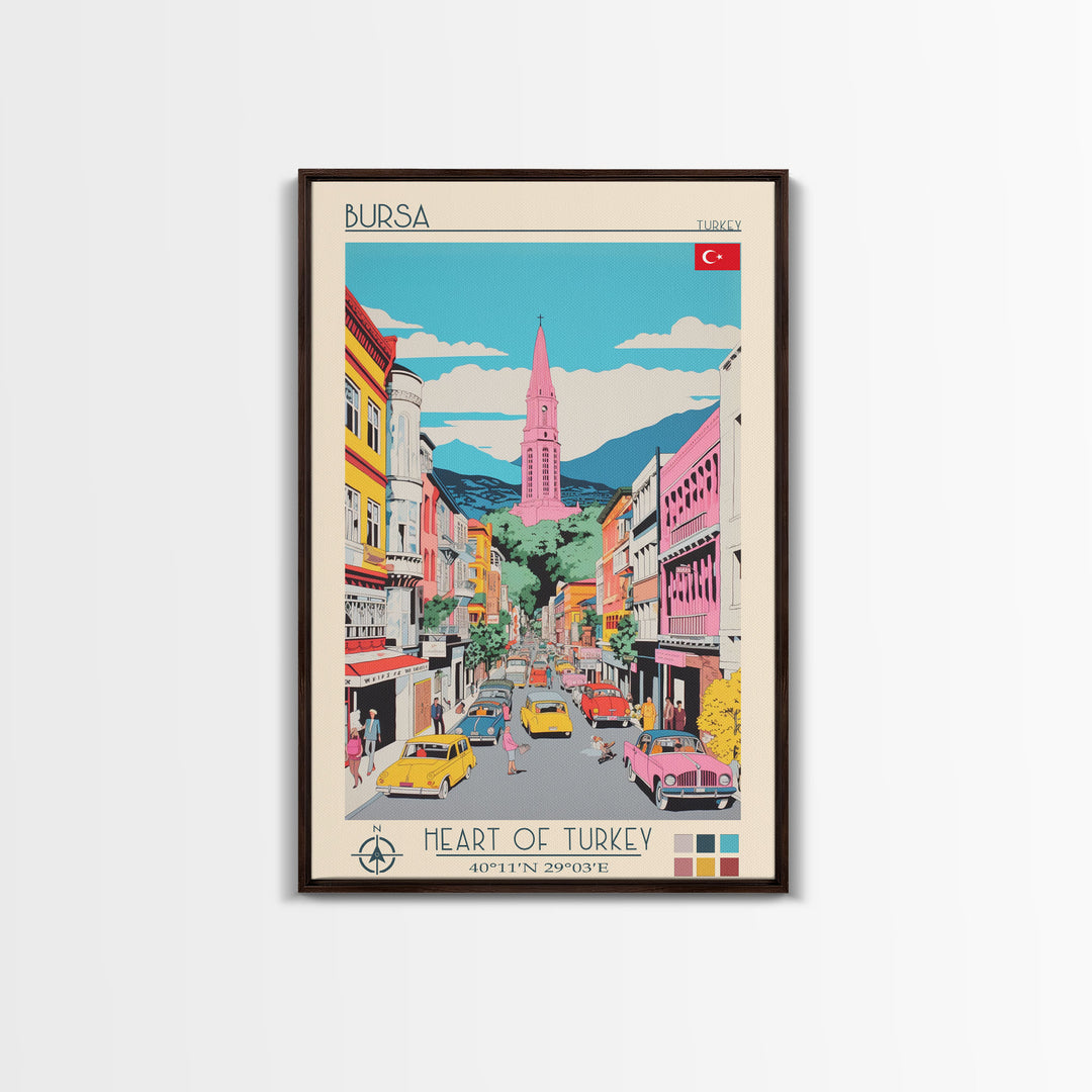 Bursa Turkey Travel Poster Framed Canvas Print, Midcentury Modern Art, Pop Art Wall Decor, Scenic Wall Art, Living Room Art