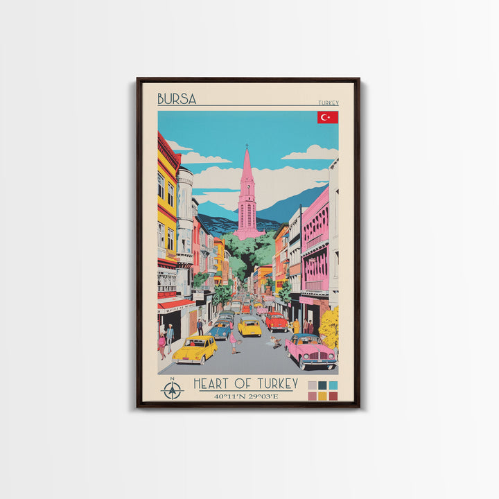 Bursa Turkey Travel Poster Framed Canvas Print, Midcentury Modern Art, Pop Art Wall Decor, Scenic Wall Art, Living Room Art
