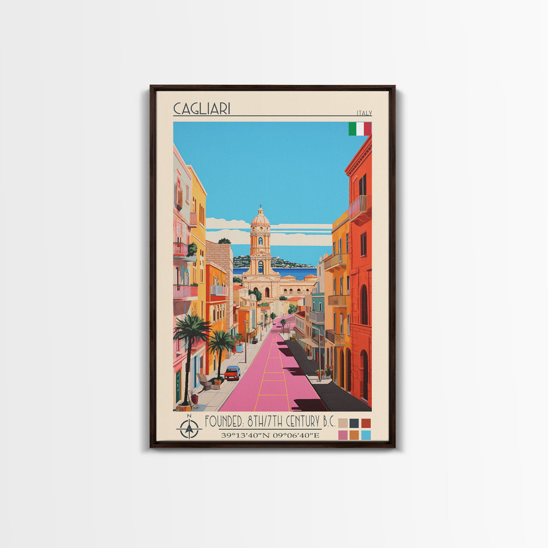 Cagliari Italy Travel Poster Framed Canvas Print, Midcentury Modern Art, Pop Art Wall Decor, Home Decor, Vacation Gift, Living Room Art
