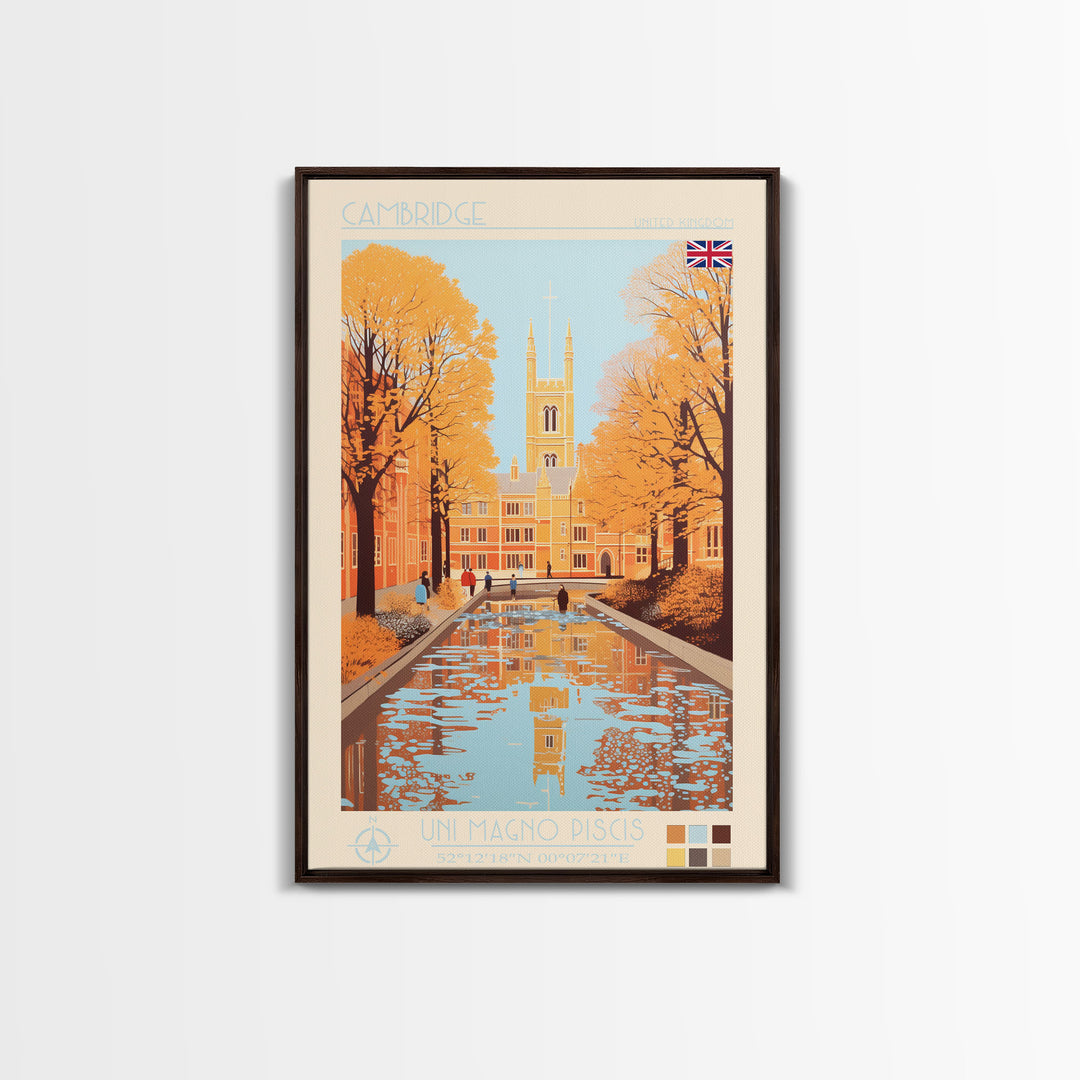 Cambridge United Kingdom Travel Poster Framed Canvas Print, Midcentury Modern Art, Pop Art Wall Decor, Home Decor, Vacation Gift, Living Room Art