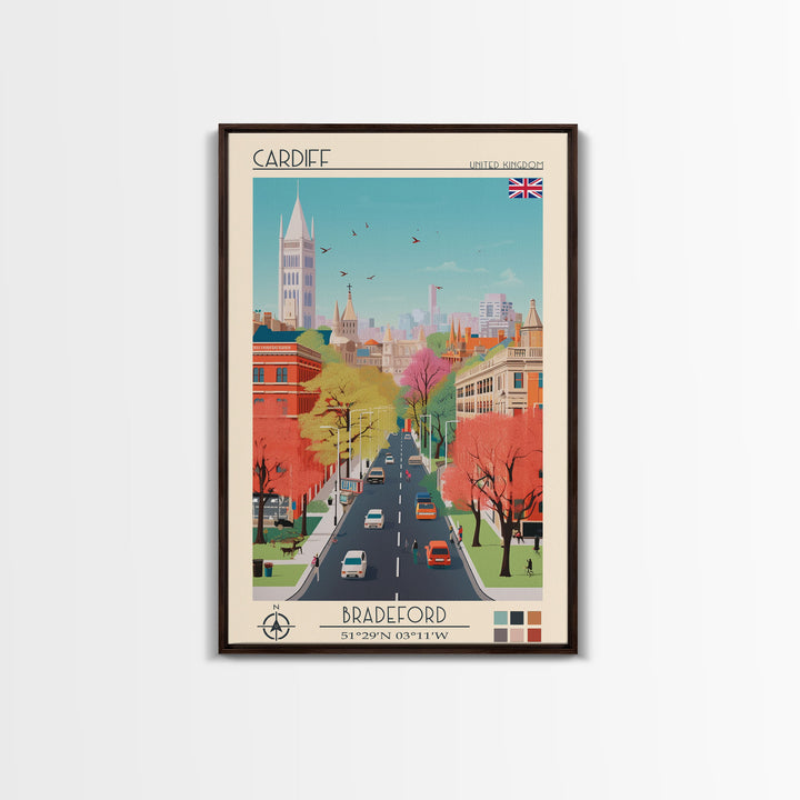 Cardiff United Kingdom Travel Poster Framed Canvas Print, Midcentury Modern Art, Pop Art Wall Decor, Home Decor, Vacation Gift, Living Room Art