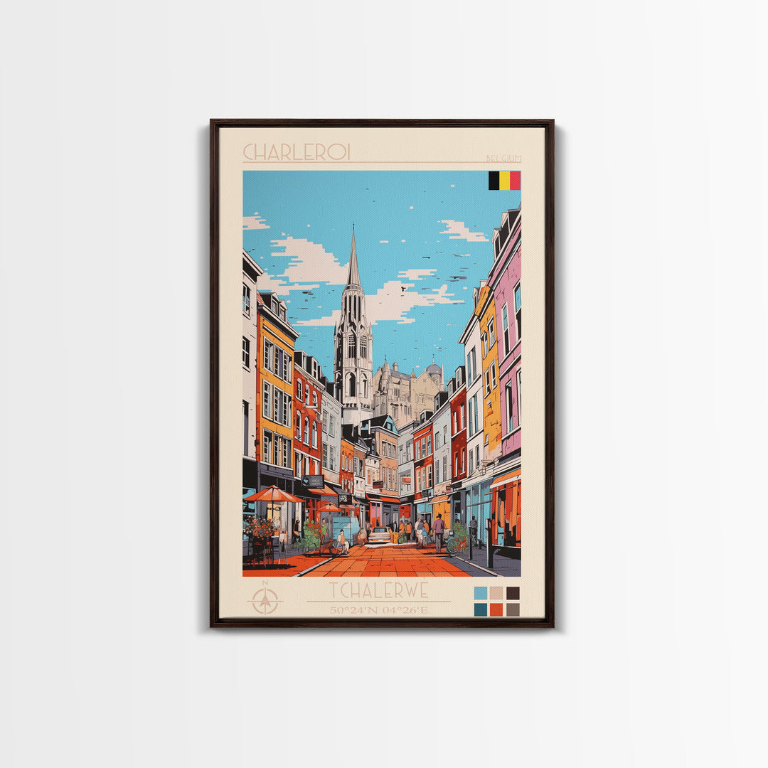 Charleroi Belgium Travel Poster Framed Canvas Print, Midcentury Modern Art, Pop Art Wall Decor, Home Decor, Vacation Gift, Living Room Art