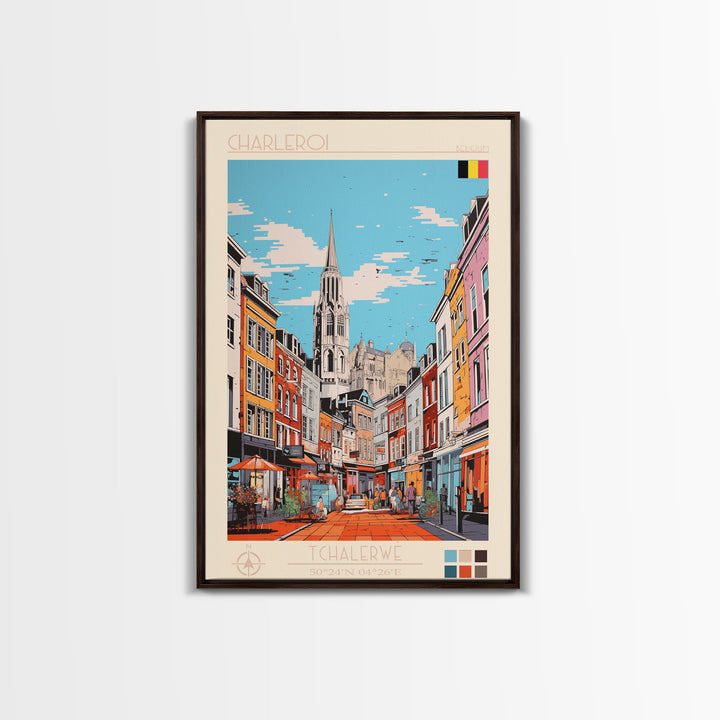 Charleroi Belgium Travel Poster Framed Canvas Print, Midcentury Modern Art, Pop Art Wall Decor, Home Decor, Vacation Gift, Living Room Art