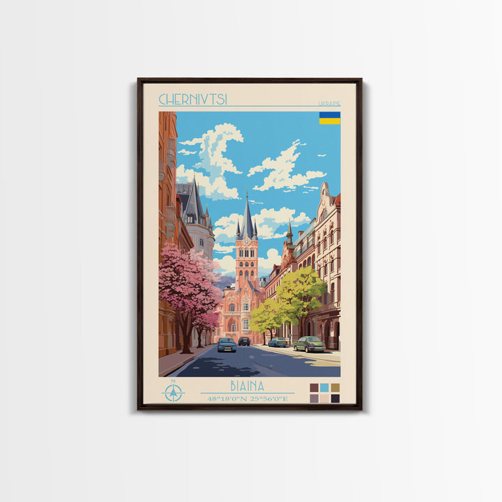 Chernivtsi Ukraine Travel Poster Framed Canvas Print, Midcentury Modern Art, Pop Art Wall Decor, Home Decor, Vacation Gift, Living Room Art