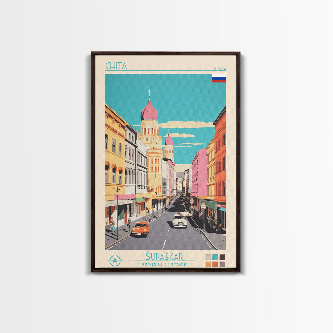 Chita Russia Travel Poster Framed Canvas Print, Midcentury Modern Art, Pop Art Wall Decor, Home Decor, Vacation Gift, Living Room Art