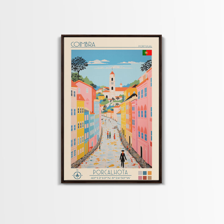 Coimbra Portugal Travel Poster Framed Canvas Print, Midcentury Modern Art, Pop Art Wall Decor, Home Decor, Vacation Gift, Living Room Art