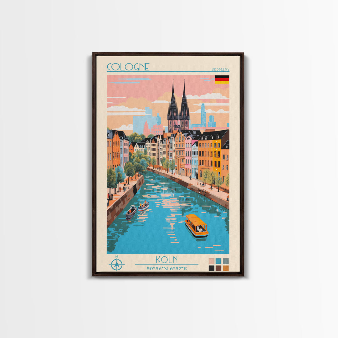 Cologne Germany Travel Poster Framed Canvas Print, Midcentury Modern Art, Pop Art Wall Decor, Scenic Wall Art, Living Room Art