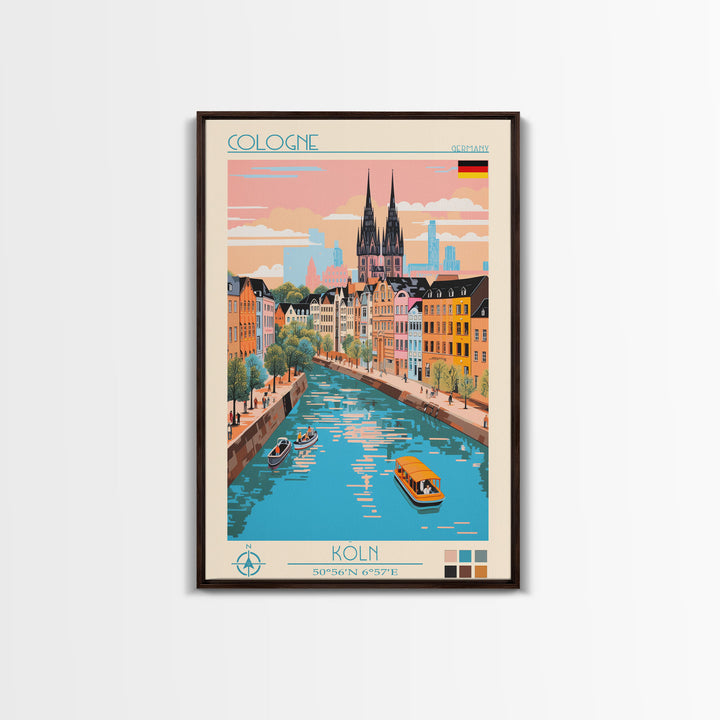 Cologne Germany Travel Poster Framed Canvas Print, Midcentury Modern Art, Pop Art Wall Decor, Scenic Wall Art, Living Room Art