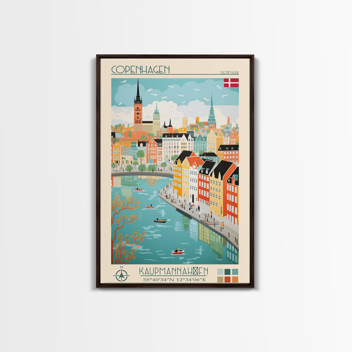 Copenhagen Denmark Travel Poster Framed Canvas Print, Vintage Style, Pop Art Home Decor, Scenic Wall Art, Living Room Decoration, Artistic Gift