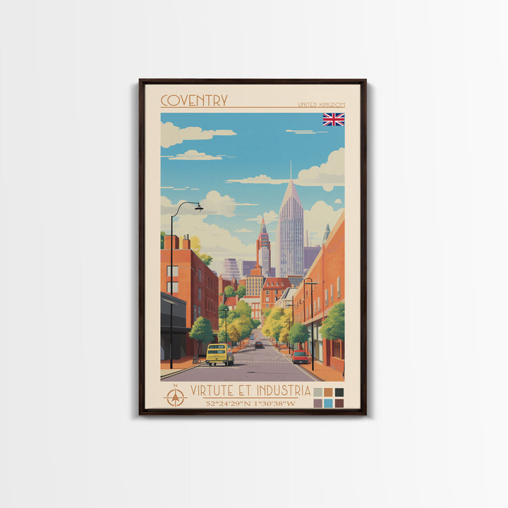 Coventry United Kingdom Travel Poster Framed Canvas Print, Midcentury Modern Art, Pop Art Wall Decor, Home Decor, Vacation Gift, Living Room Art