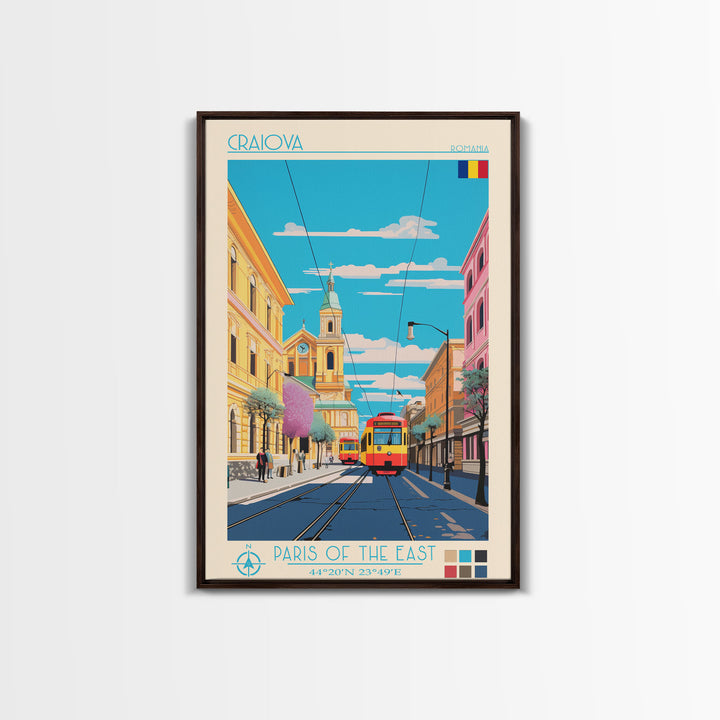Craiova Romania Travel Poster Framed Canvas Print, Midcentury Modern Art, Pop Art Wall Decor, Home Decor, Vacation Gift, Living Room Art