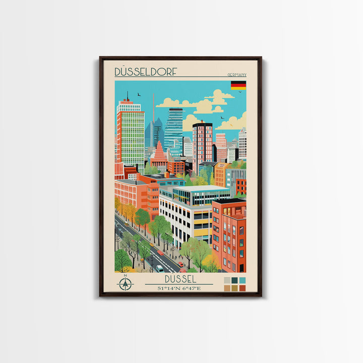 Düsseldorf Germany Travel Poster Framed Canvas Print, Midcentury Modern Art, Pop Art Wall Decor, Home Decor, Vacation Gift, Office Art