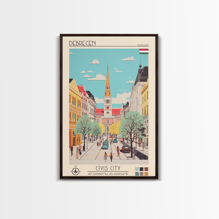 Debrecen Hungary Travel Poster Framed Canvas Print, Midcentury Modern Art, Pop Art Wall Decor, Home Decor, Vacation Gift, Living Room Art