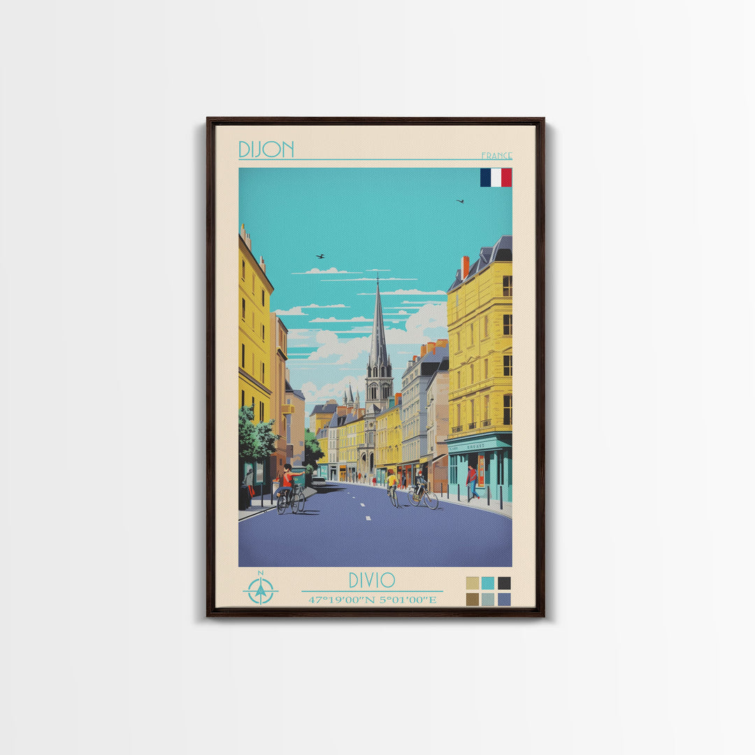 Dijon France Travel Poster Framed Canvas Print, Midcentury Modern Art, Pop Art Wall Decor, Home Decor, Vacation Gift, Living Room Art