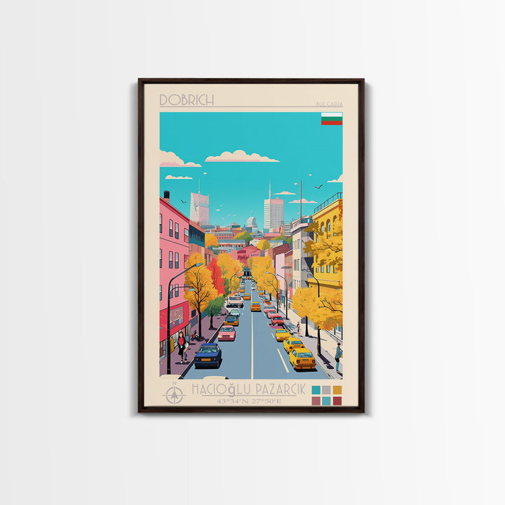 Dobrich Bulgaria Travel Poster Framed Canvas Print, Midcentury Modern Art, Pop Art Wall Decor, Home Decor, Vacation Gift, Living Room Art