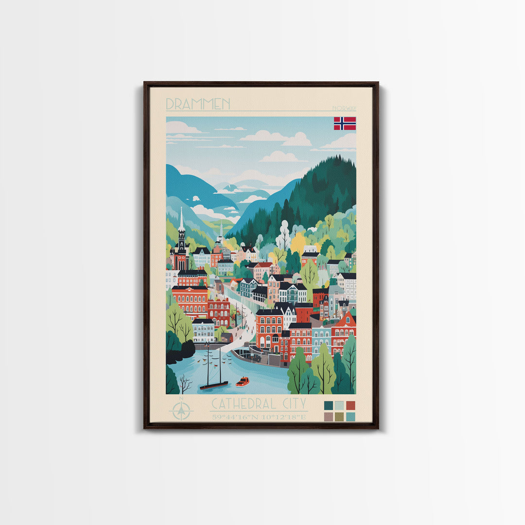 Drammen Norway Travel Poster Framed Canvas Print, Midcentury Modern Art, Pop Art Wall Decor, Home Decor, Vacation Gift, Living Room Art
