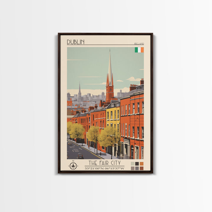 Dublin Ireland Travel Poster Framed Canvas Print, Midcentury Modern Art, Pop Art Wall Decor, Scenic Bedroom Art, Office Decoration