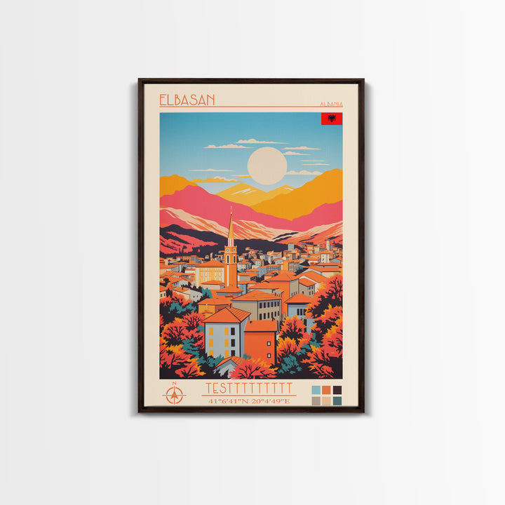 Elbasan Albania Travel Poster Framed Canvas Print, Midcentury Modern Art, Pop Art Wall Decor, Home Decor, Vacation Gift, Bedroom Art