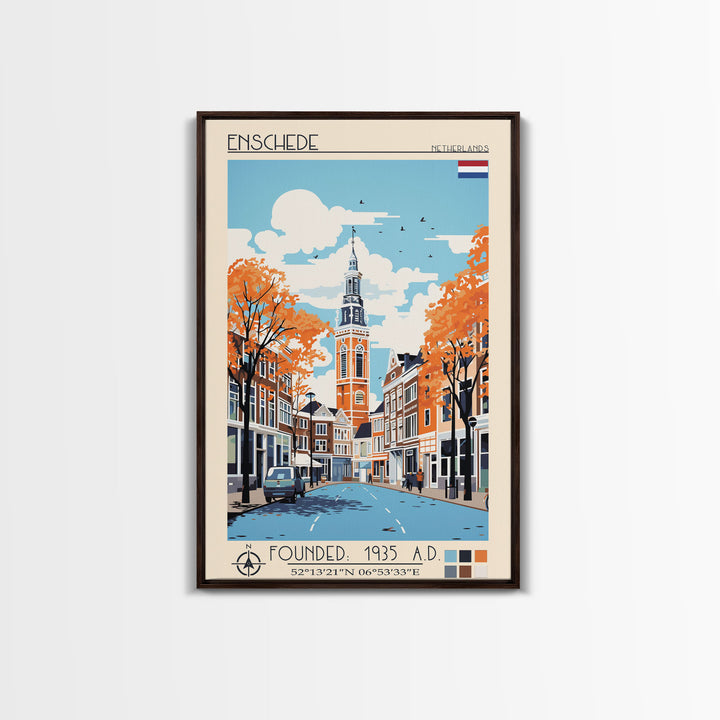 Enschede Netherlands Travel Poster Framed Canvas Print, Midcentury Modern Art, Pop Art Wall Decor, Scenic Wall Art, Bedroom Decoration