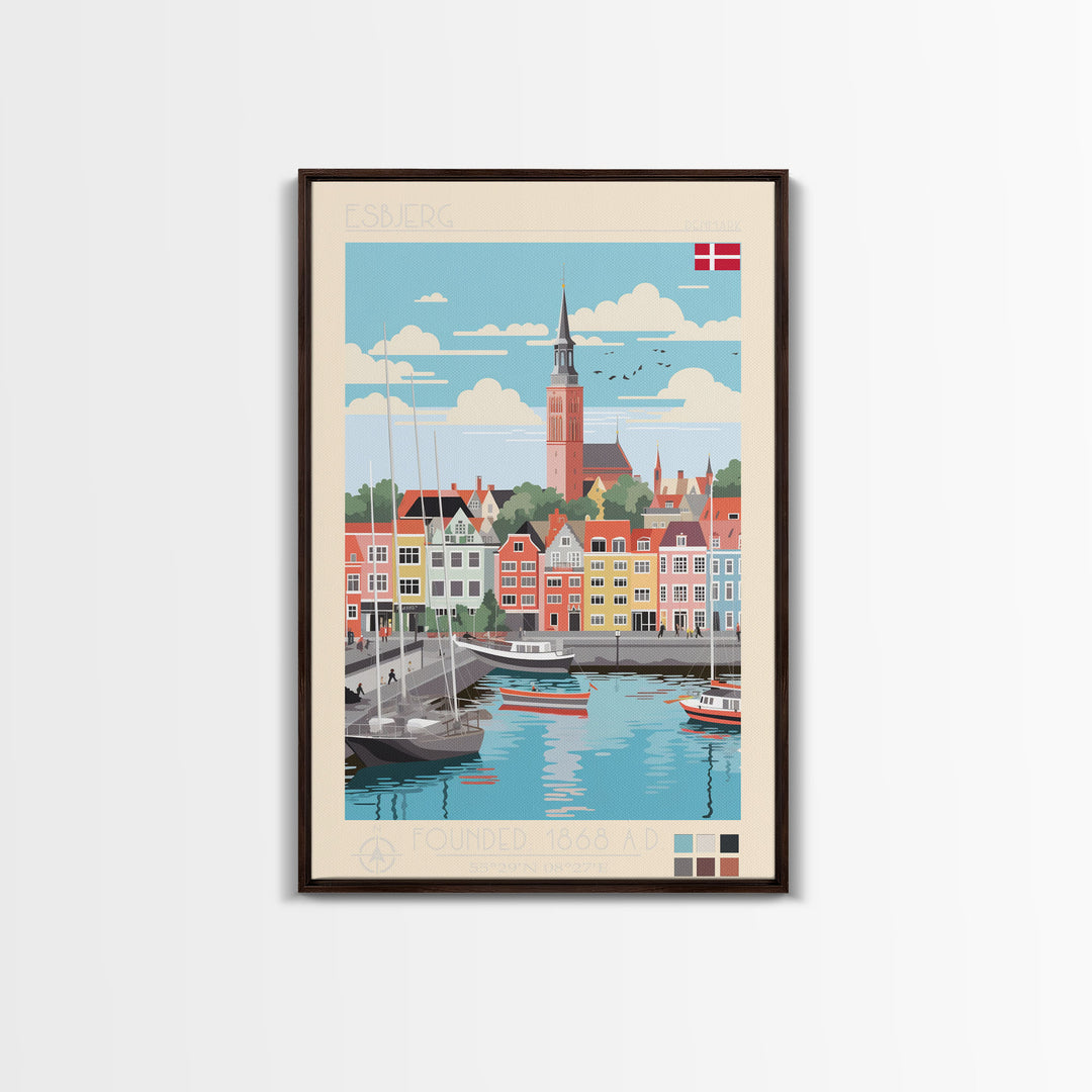 Esbjerg Denmark Travel Poster Framed Canvas Print, Midcentury Modern Art, Pop Art Wall Decor, Scenic Bedroom Art, Office Decoration