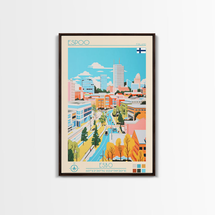 Espoo Finland Travel Poster Framed Canvas Print, Vintage Style, Pop Art Home Decor, Scenic Wall Art, Bedroom Decoration, Office Gift