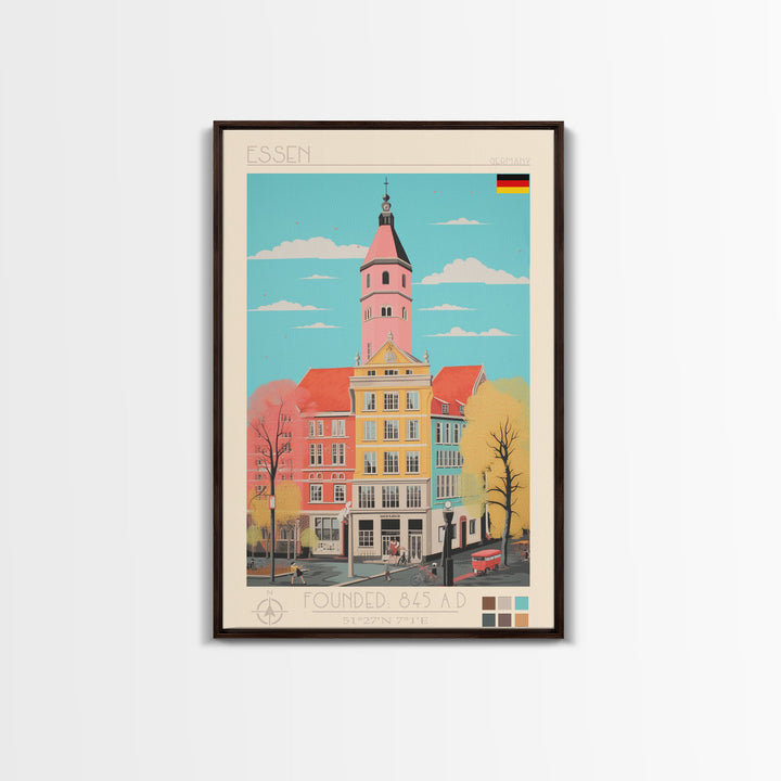 Essen Germany Travel Poster Framed Canvas Print, Midcentury Modern Art, Pop Art Wall Decor, Home Decor, Vacation Gift, Office Art