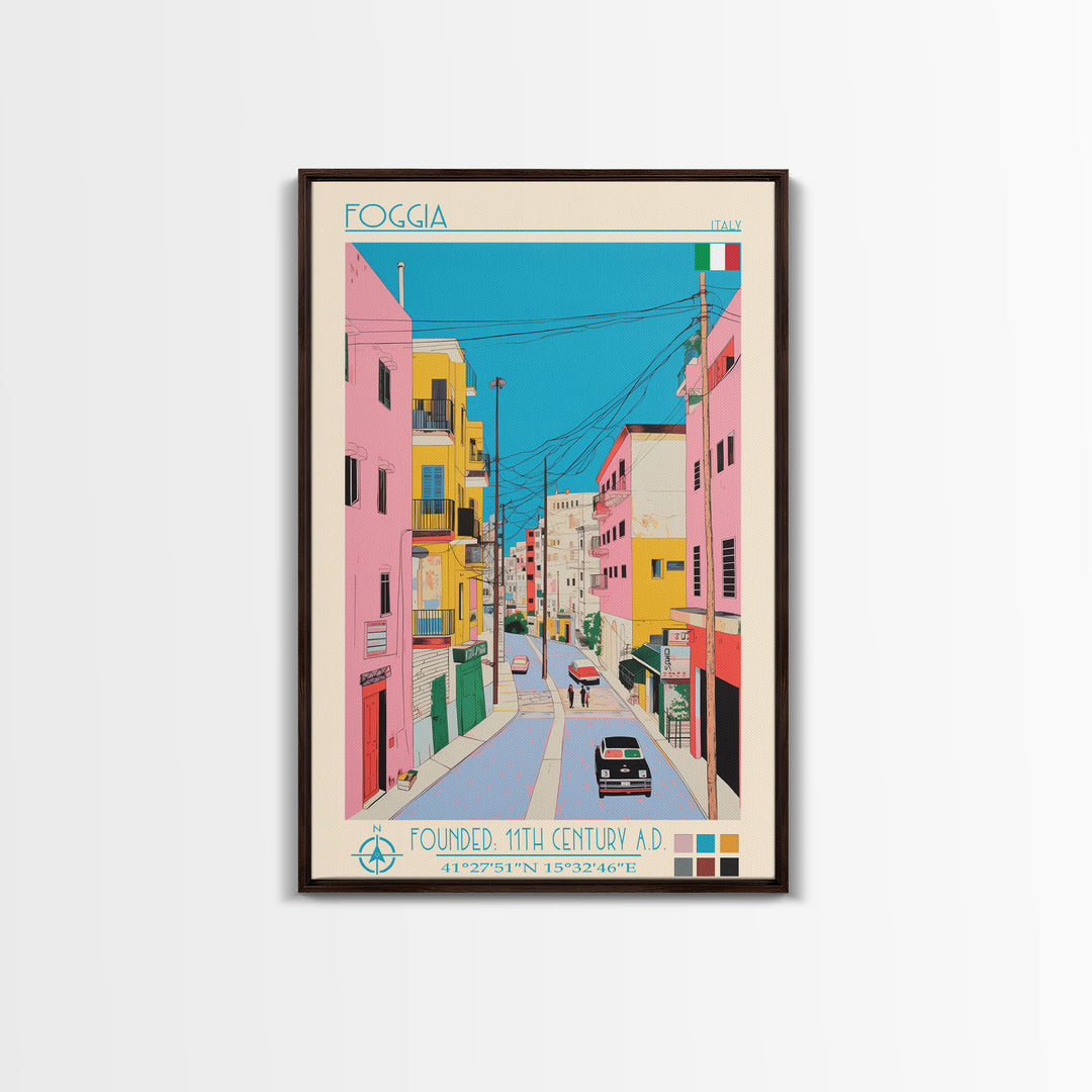 Foggia Italy Travel Poster Framed Canvas Print, Midcentury Modern Art, Pop Art Wall Decor, Home Decor, Vacation Gift, Bedroom Art